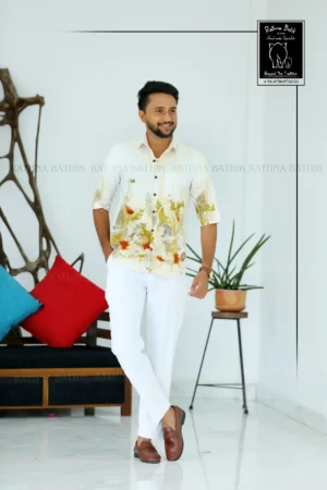 5DIV4370 Botanical Foliage Eco-Print Cotton Half Sleeve Shirt