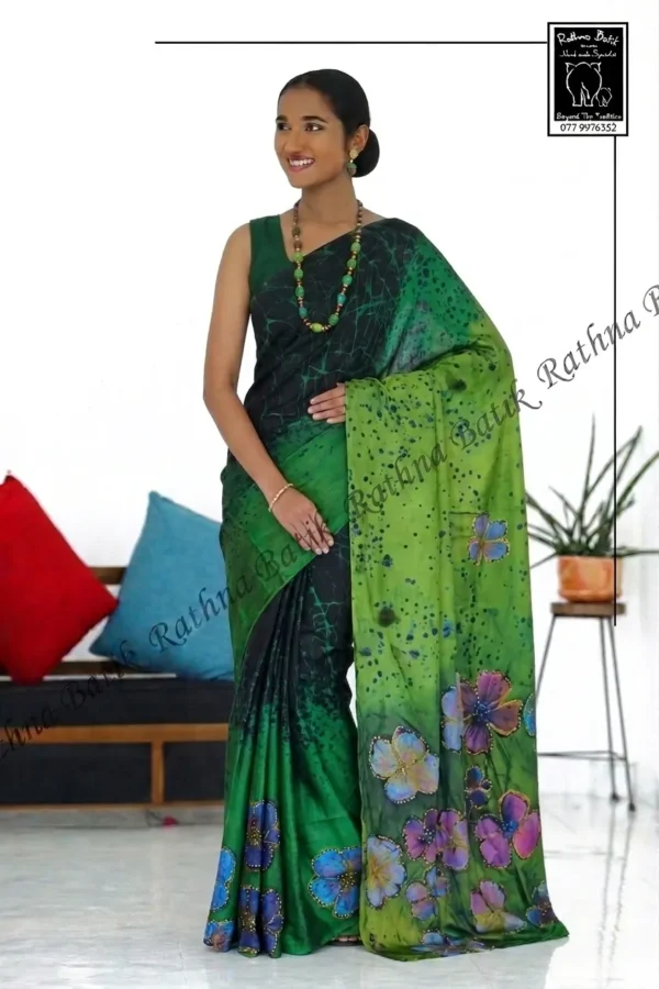 11195 Black and Green Shaded Satin Silk Saree with Heavy Work
