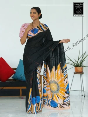 Black and Beautiful Sunflower Satin Silk Batik Saree