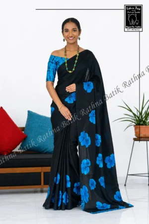 Blue Orchid Black Satin Silk Batik Saree