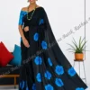 black-saree-blue-floral-batik Blue Orchid Black Satin Silk Batik Saree