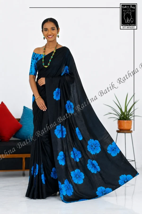 black-saree-blue-floral-batik Blue Orchid Black Satin Silk Batik Saree