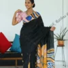 black-sunflower-motif-batik-saree Black and Beautiful Sunflower Satin Silk Batik Saree