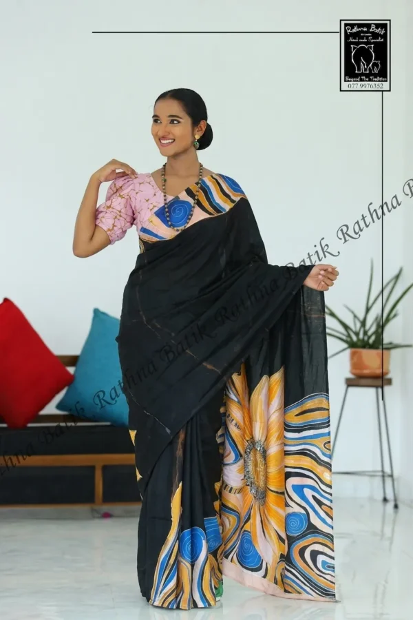 black-sunflower-motif-batik-saree Black and Beautiful Sunflower Satin Silk Batik Saree