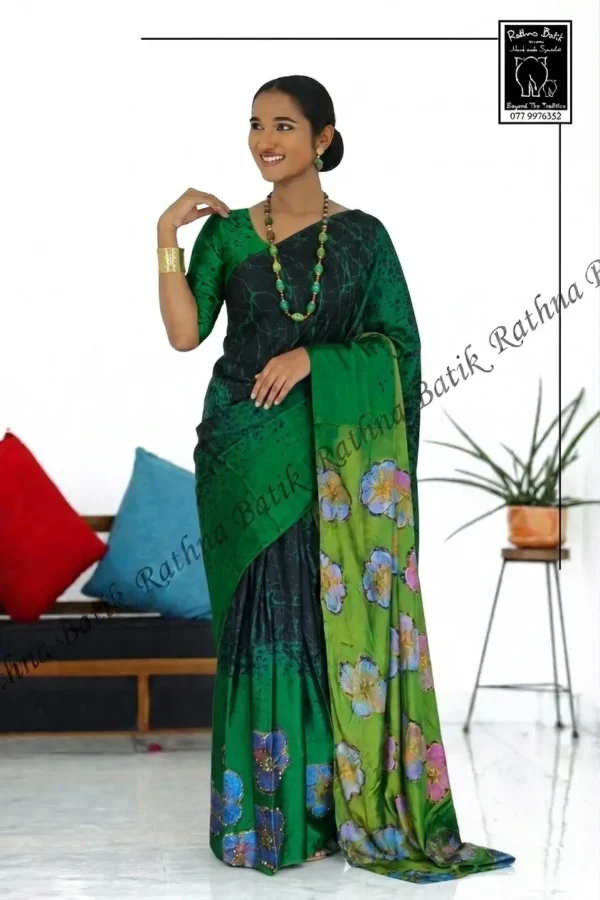 emerald-green-floral-batik-saree Black and Green Shaded Satin Silk Saree with Heavy Work