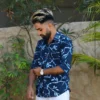 11154 Light Blue Leaf Pattern Cotton Shirt