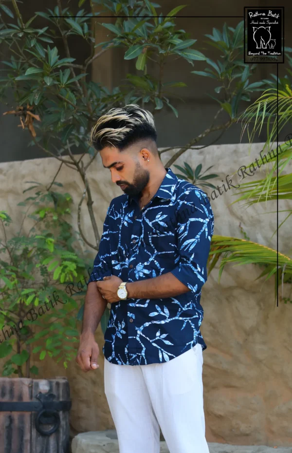 11154 Light Blue Leaf Pattern Cotton Shirt