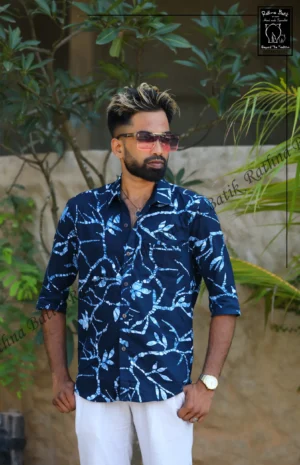 Light Blue Leaf Pattern Cotton Shirt
